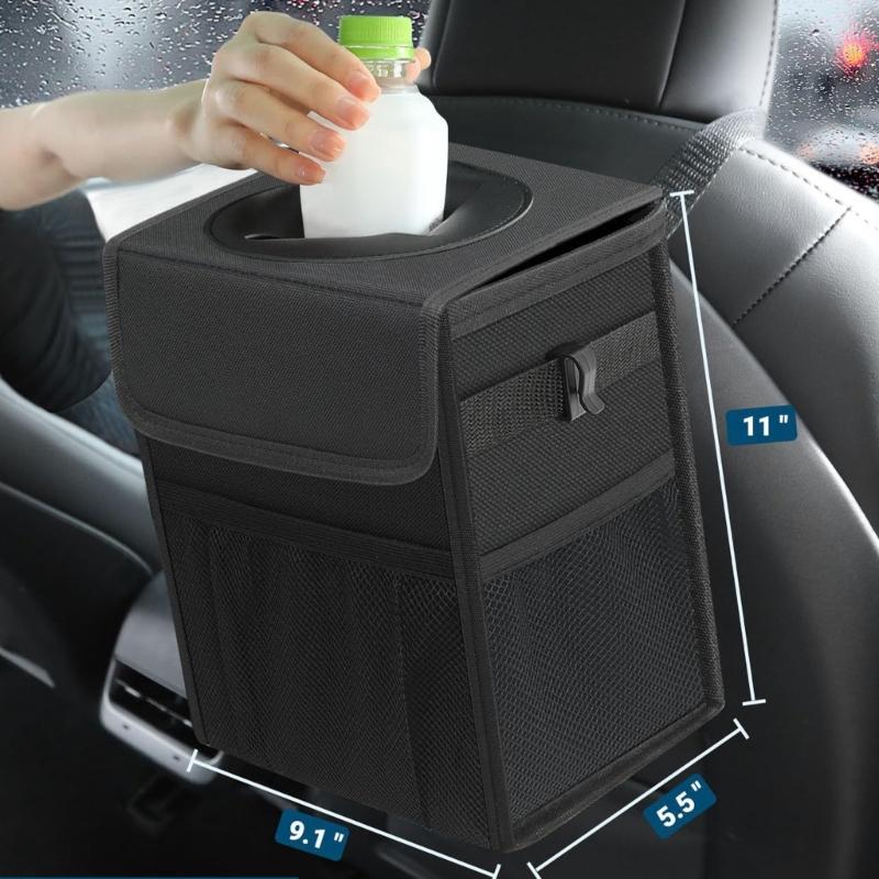 Premium Hanging Car Garbage Bin With Water Resistant Fabric And Side Pockets For Easy Cleanup