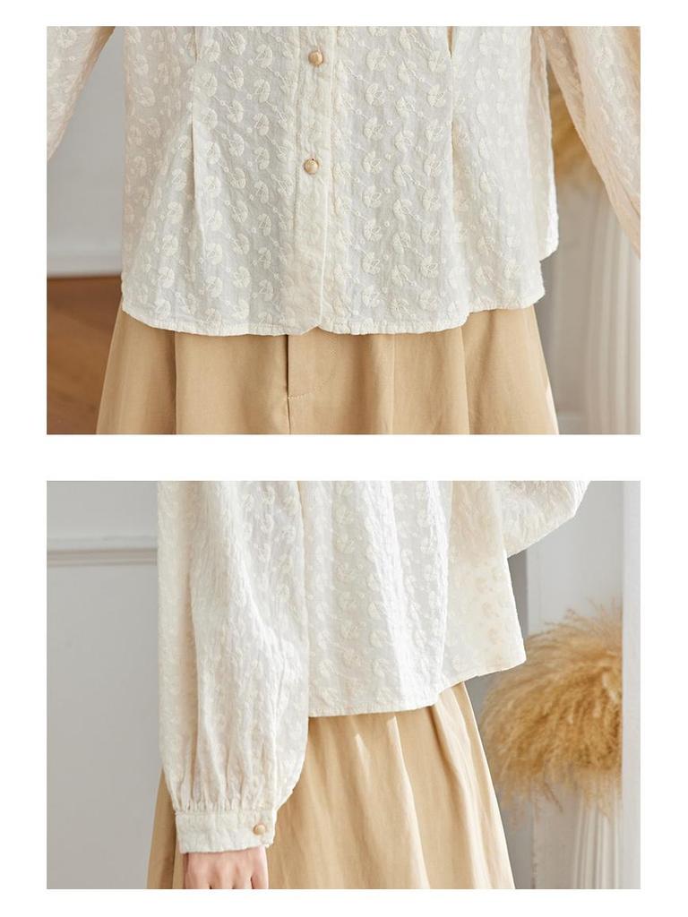 Women's Long Sleeve Embroidered Shirt - New Chinese Style, Apricot Round Neck, 2025 Autumn Collection