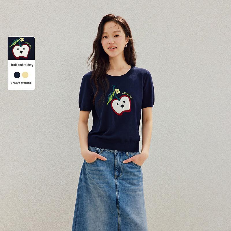 

INMAN Fun Fruit Embroidery Ribbed Round Neck Short Sleeve Knit Top M