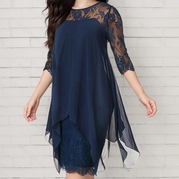 

GMXIA Весна Лето Элегантный Ветер Кружевная Вставка Рукав Семь Восьмых Шифон Миди XXXXXL синий