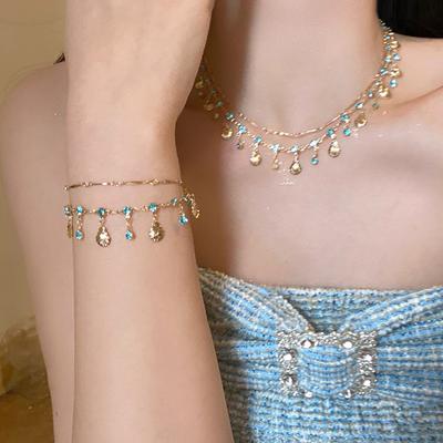 Versatile Tassel Blue Diamond Double-Layer Stacked Necklace Female Exotic Collarbone Chain High-End Unique Combination Neck Chain Bracelet