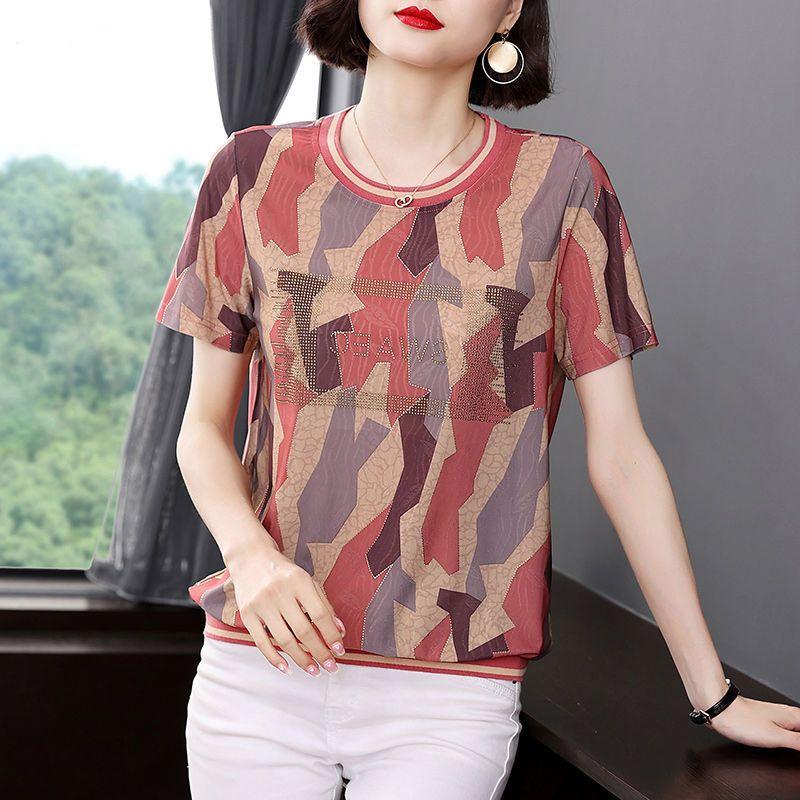 T-Shirts Diamonds Round Neck Pullovers Loose Geometric Short Sleeve Summer Thin  Women's Clothing Office Lady Casual Fashion