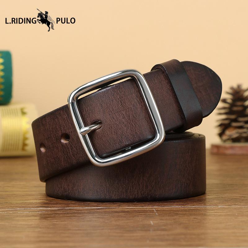 Stainless Steel Buckle Belt for Men, Genuine Leather Pin Buckle, Top Layer Cowhide, Korean Style, Retro Fashion, Trendy, Versatile Casual Trouser Belt