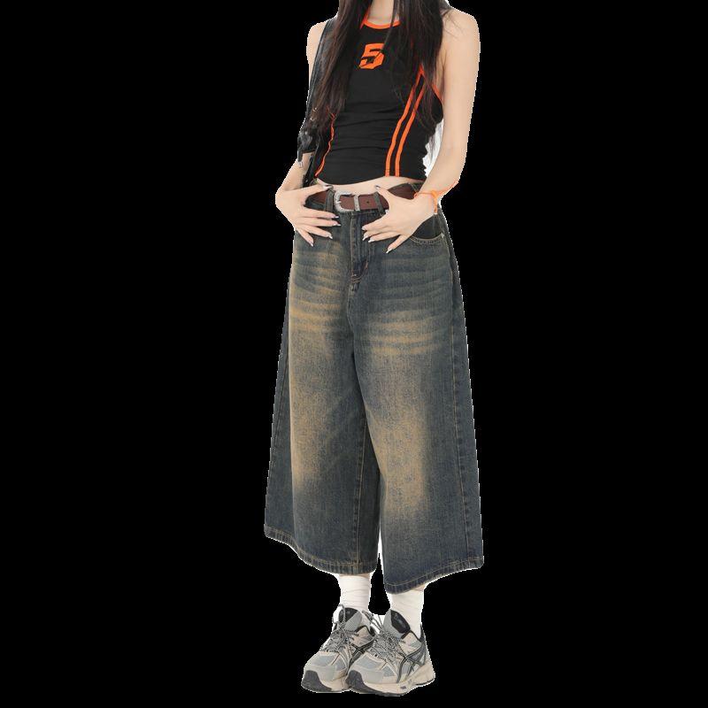 

American High Street Wide Leg Cropped Jeans Women s Summer Retro Washed Distressed High Waist Straight-leg Loose Denim Middle Pants Retro Blue S