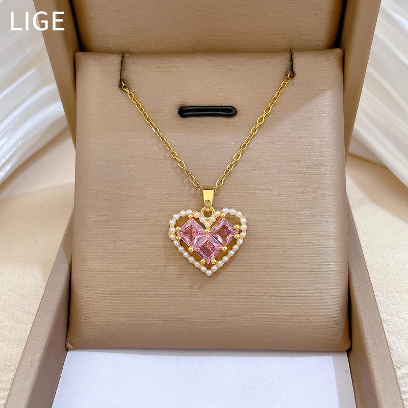 Pearl Empty Peach Heart Light Luxury Temperament Gorgeous Full Diamond Necklace Women'S Versatile Collarbone Chain Titanium Steel Chain