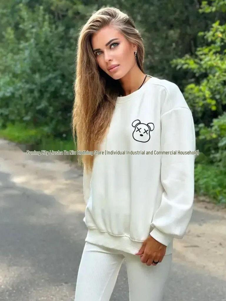 Cartoon Bear Print Hip Hop Pullover Hoodie – Versatile Round Neck for Autumn & Winter