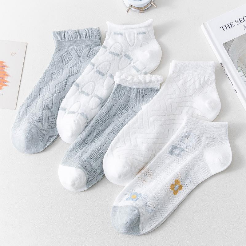 5/10 Pairs Comfortable Casual Spring Summer Socks for Women Mesh Lace Up Glass Silk Boat Socks Low Top Open Toe Breathable Short Socks
