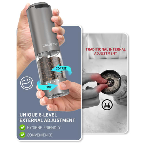 CIRCLE JOY Rechargeable Electric Salt and Pepper Grinder Set with Base, Aluminum Alloy Pepper Mill, 95ml Container, White LED Light, and Adjustable Ex