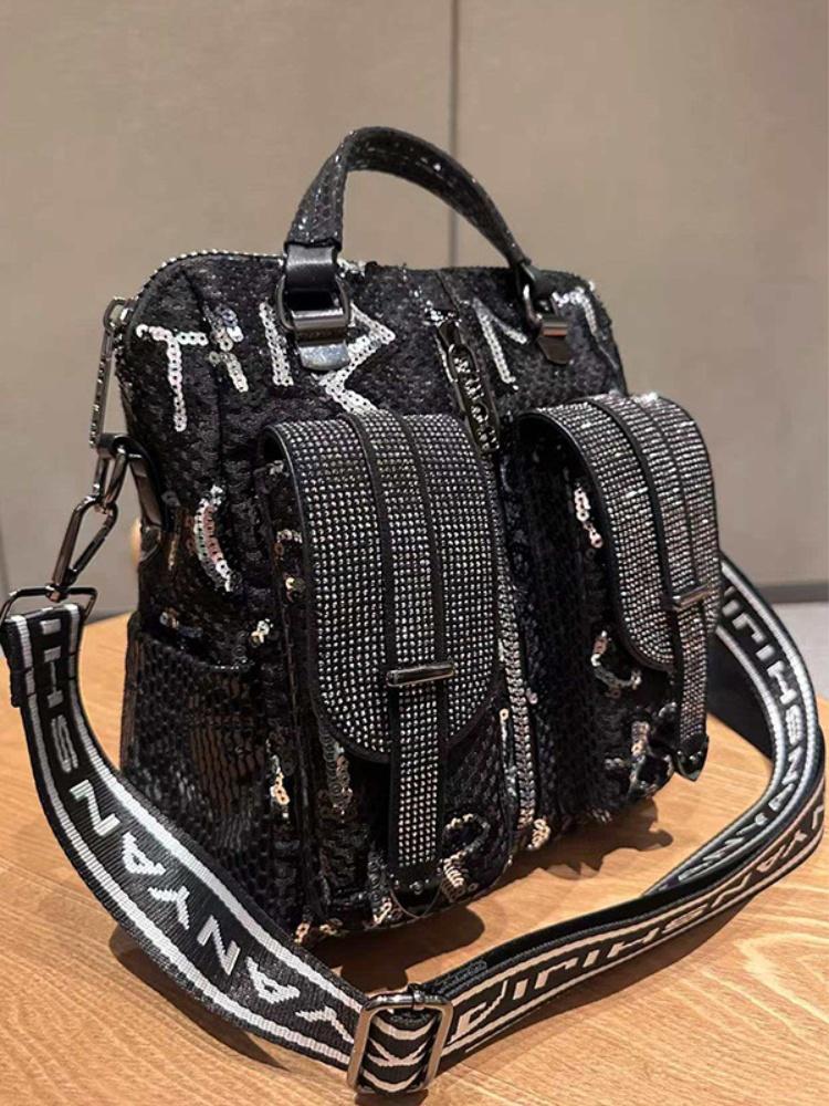 New Luxury Designer Sequin Women Shoulder Bag Multi Functional Backpack with Bright Film Letters Trendy Shiny Diamond Handbag
