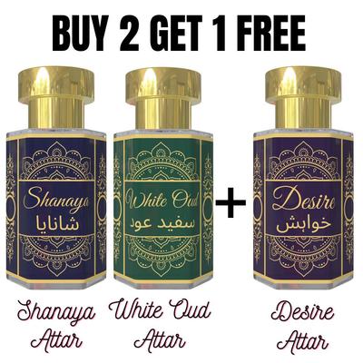 Shanaya Attar und White Oud Attar mit kostenlosem Desire Attar – Florale, Cremig-Holzige Duftkombination | Alkoholfreie Unisex-Roll-On Parfümöle | 3 × 6 ml