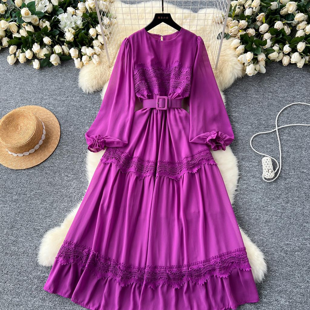 French O Neck Cut Out Lace PATCHWORK Lantern Sleeve Korean Fashion Dress Women's Summer Waist Sweet Dresses