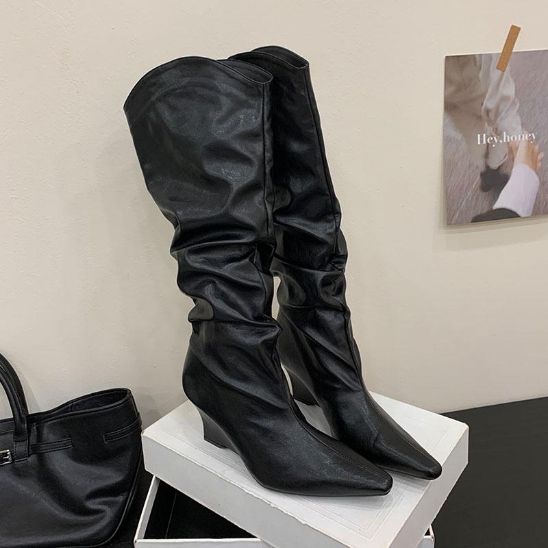 

Модная вечеринка Современные женские ботфорты до колена на танкетке Модная обувь с острым носком Женские длинные ботинки челси Женская обувь слипоны 35 чёрный