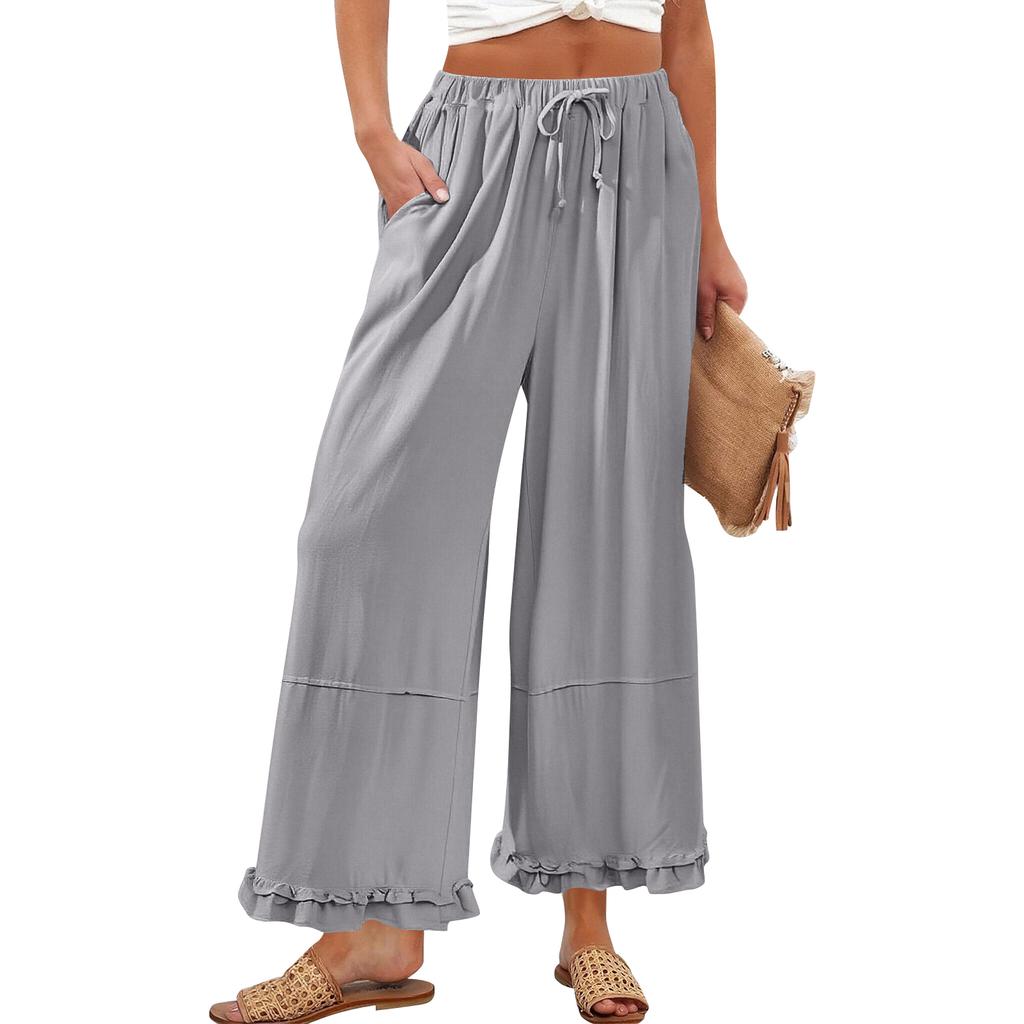 Women’s Wide Leg Lounge Pants with Drawstring Waist and Ruffle Hem Casual Loose Fit Lightweight Trousers with Pockets