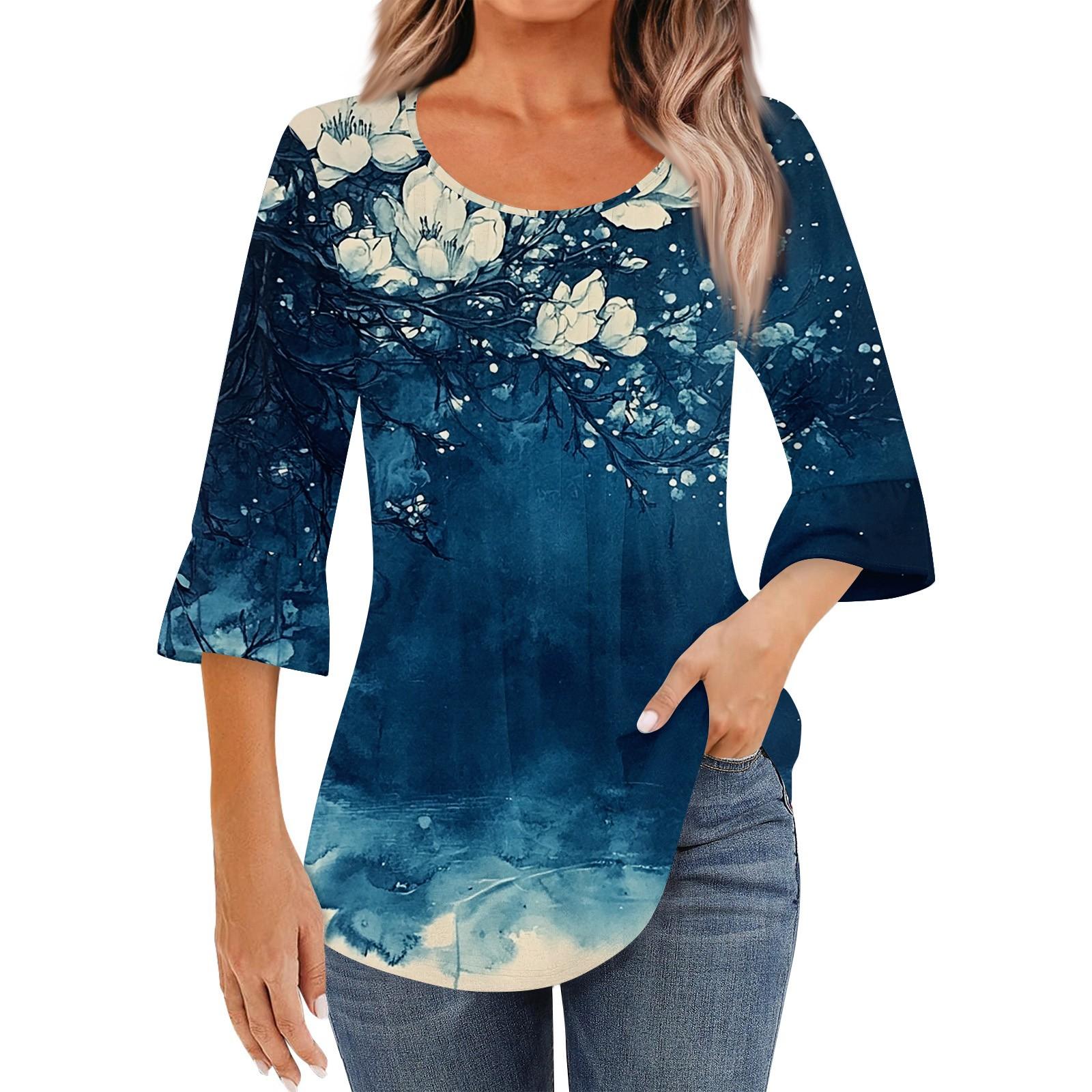 

Женская модная повседневная плиссированная футболка с круглым вырезом и цветочным принтом, рукав три четверти XL белый