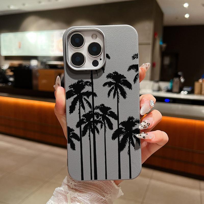 Schwarze Kokosnussbaum-Print-dünne, stoßfeste, weiche TPU-Telefonhülle für iPhone 16 Pro Max 15 Pro 14 13 12 11 Linsenschutzhülle aus mattem Leder