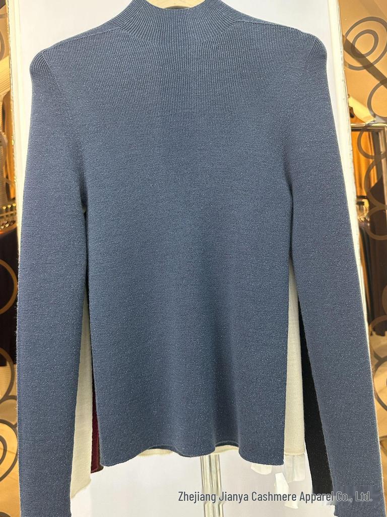 Machine Washable Metallic Thread Round Neck Sweater, Fine Spun Merino Wool, Half High Neck Base Layer