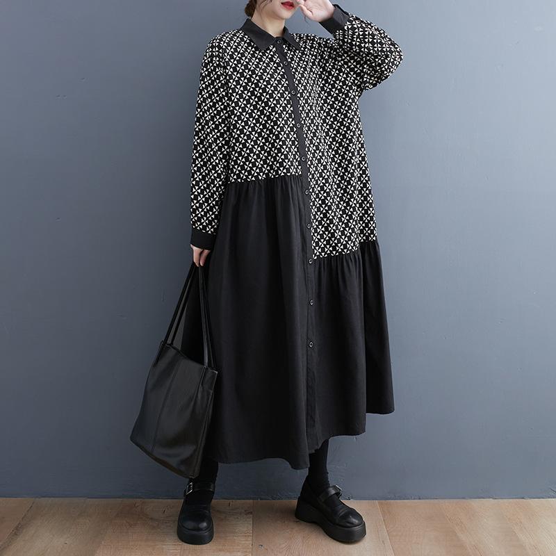 Women Vintage Printed Patchwork Shirt Maxi Dress Loose Lapel Long Sleeve Casual Japanese Style Long Dress One Size