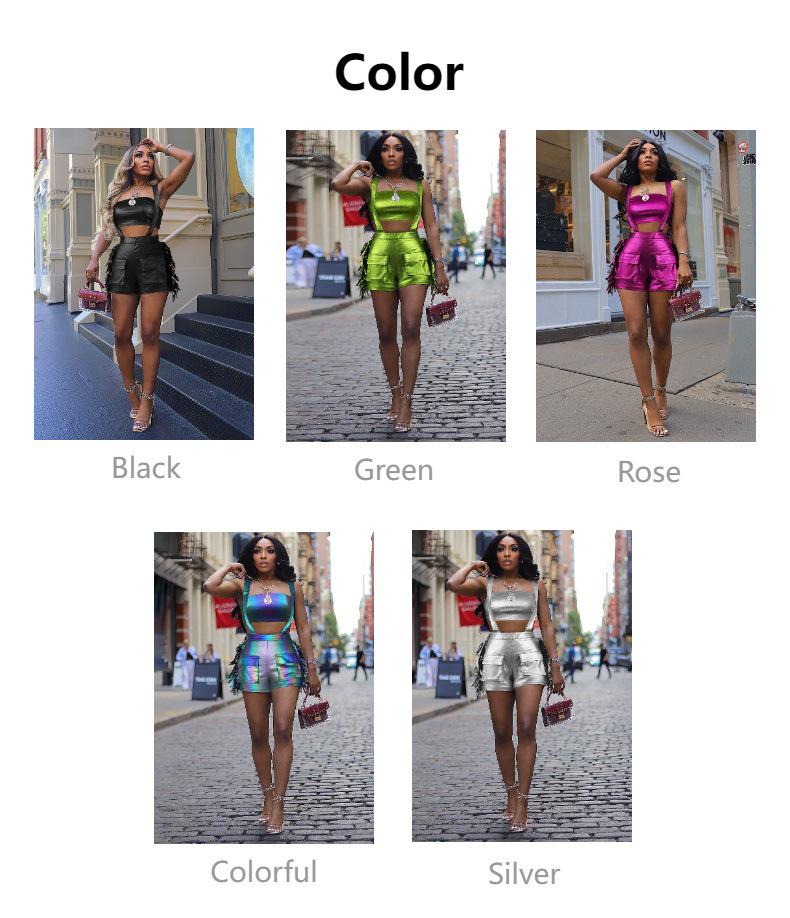 European and American Women’s Metallic Bandeau Fringe Suspender Shorts Set