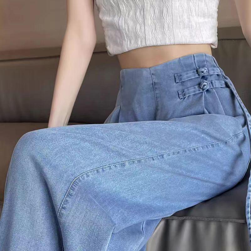 Women's National Style Tencel Button-Up Wide-Leg Jeans - 2026 Summer Slim Straight Casual Pants