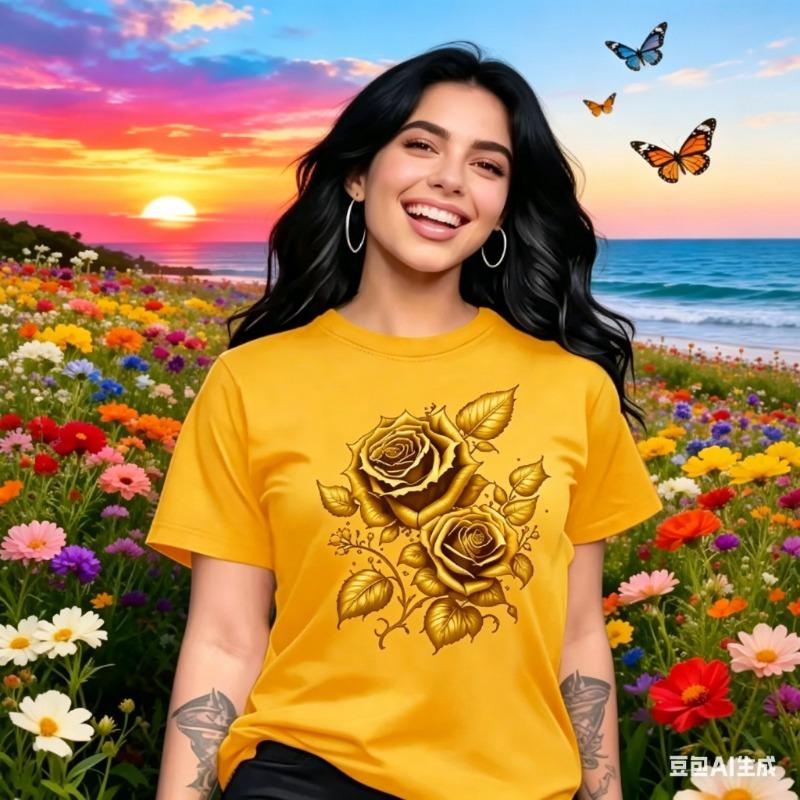 Summer women s daily printed round-neck short-sleeved T-shirt S