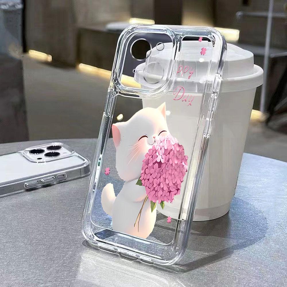 Cute Cat Hydrangea Protective Phone Case For iPhone 17 Air 16 16e 15 13 12 11 Pro Max Pro Plus Soft Anti-Scratch Funda Cover