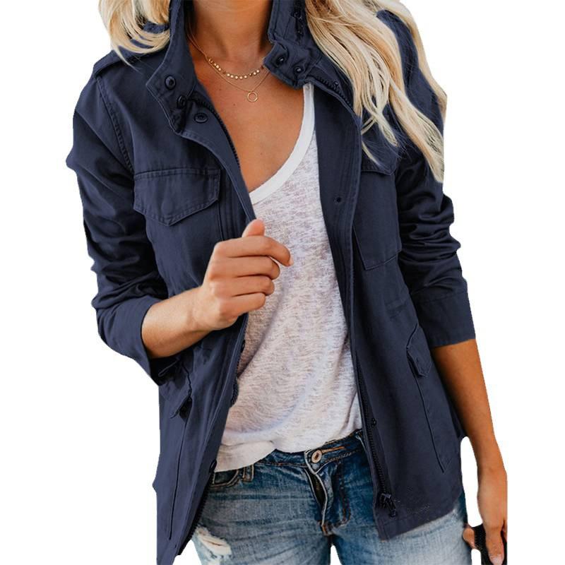 Women Jackets Zipper Spliced Pockets Full Sleeve Slim Fit Casual Coats Turn Down Collar Solid Jacket Streetwear Autumn