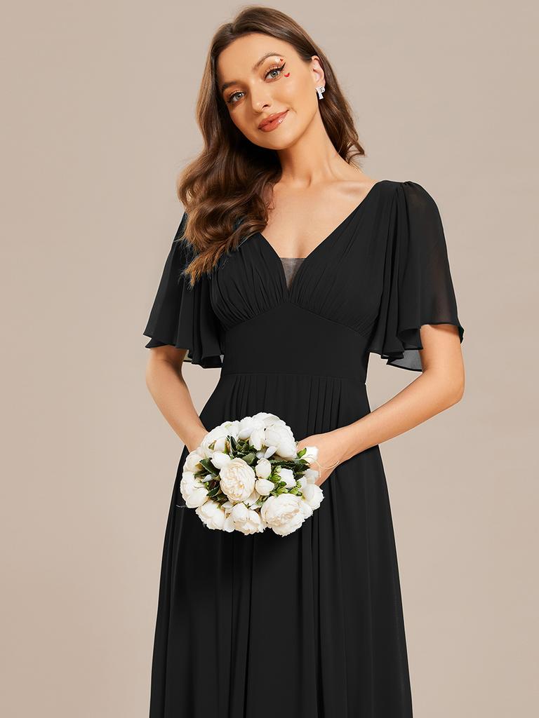Ever-Pretty Women's Chiffon A-Line Empire Waist Floor Length V Neck Wedding Party Dress With Ruffles Sleeves