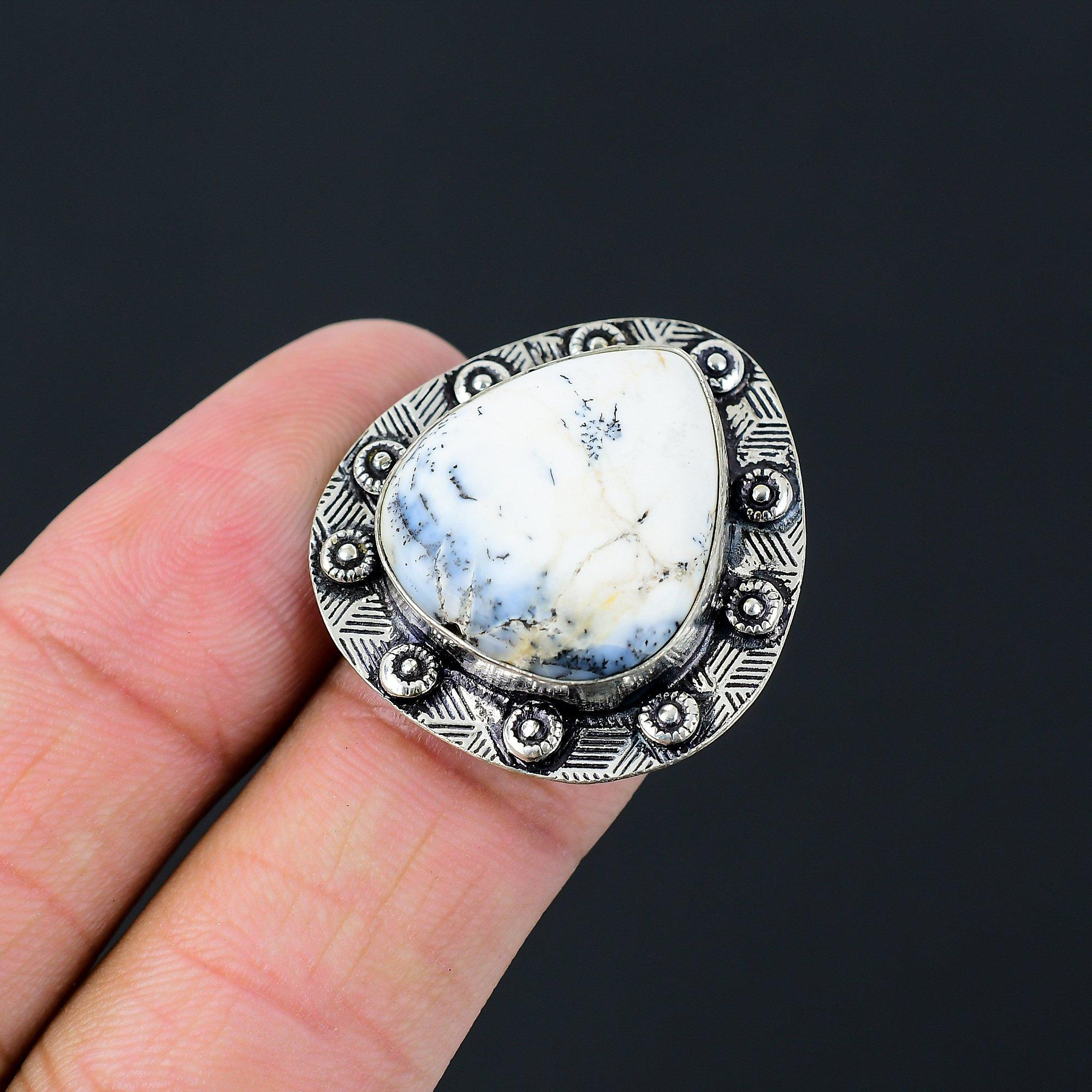 Pear Dendrite Opal Gemstone Sterling Silver Mother Boho Statement Ring Size 6.5 6.5