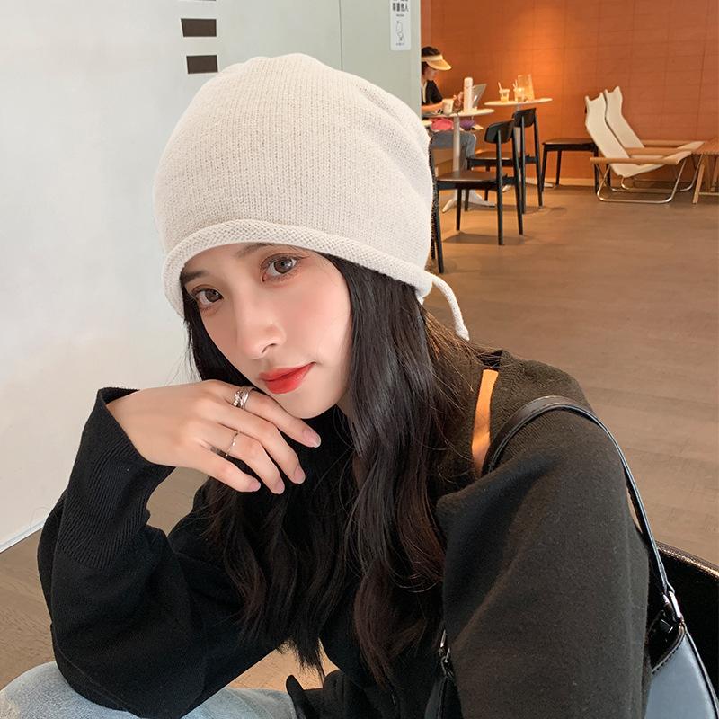 Big Head Circumference Drawstring Knitted Stacking Hat Women's Curled Edge Pullover Cold Hat Showing Face Small Bag Head Confinement Hat