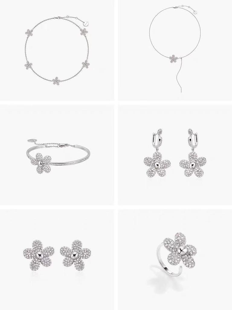 High-End Diamond Flower Jewelry Set: Bracelet, Ring, and Versatile Stud Earrings