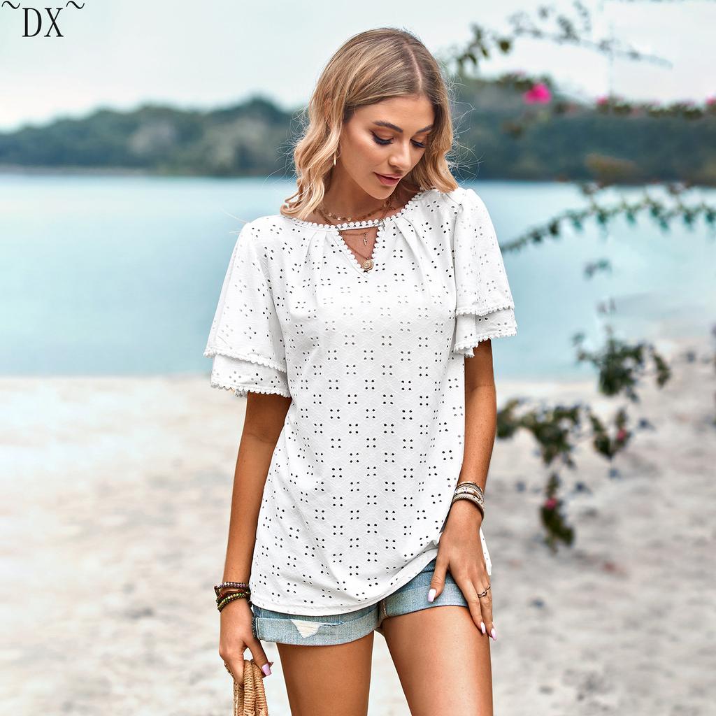 DX~~ unabhängig entwickelte und entworfene einfarbige Lochstricktops für lässige Damen für Frühling und Sommer;s tragen.