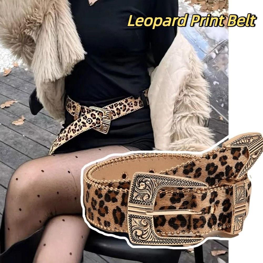 Zinc Zinc Alloy Carved Buckle Belt Y2K PU Vintage Waistband Leopard Print Belt  Clothing Accessories