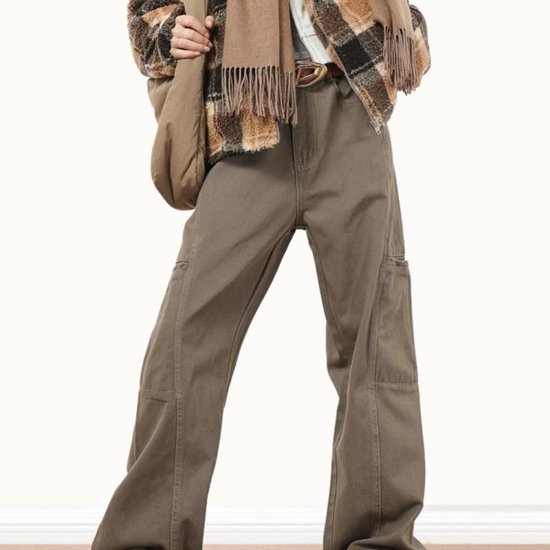 Mens Vintage Brown Cargo Jeans High Street Straight Leg Flare Fit Denim Pants