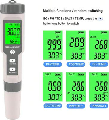 Digital Aquarium Salt Tester, 5-in-1 Salinity Meter with PH, TDS, EC, and Temperature, Accurate Pool and Saltwater Testing Tool