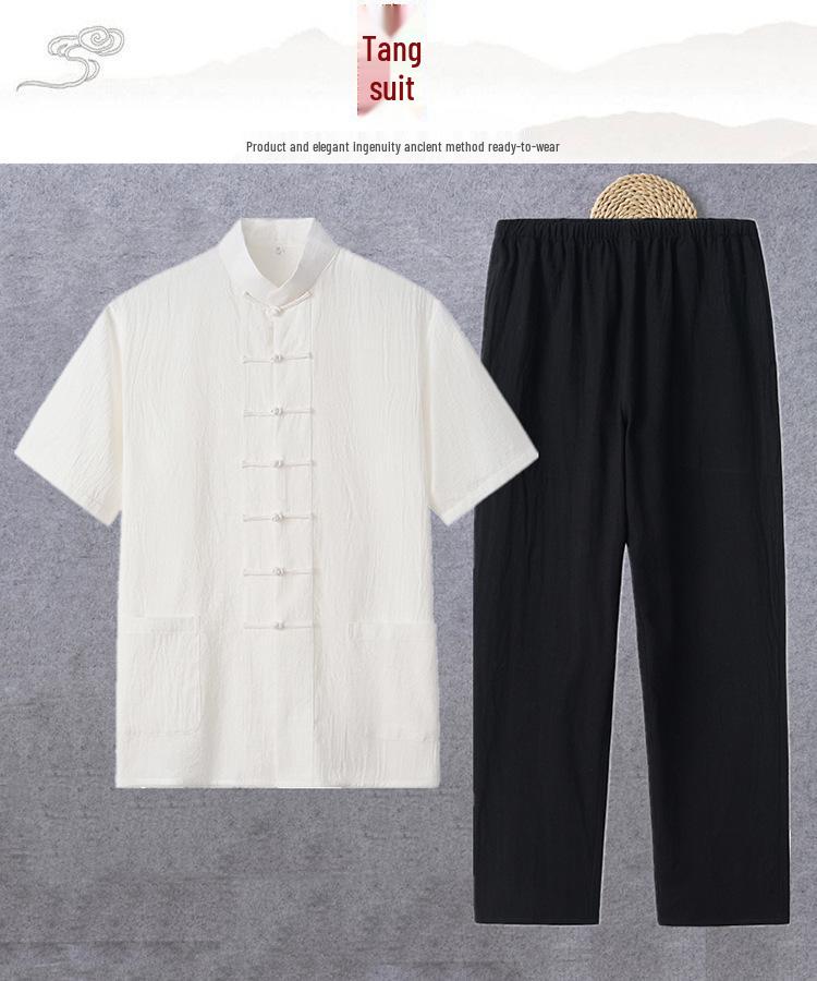 Tang-Anzug aus Baumwolle und Leinen für Herren: Kurzärmlig, Froschverschluss, Chinesischer Stil, Perfekt für Sommer und ältere Männer.
