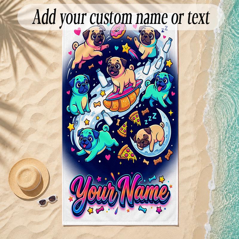 Pug Theme Soft Beach Towel Personalized Custom Name Text Towel Portable for Beach Pool Travel