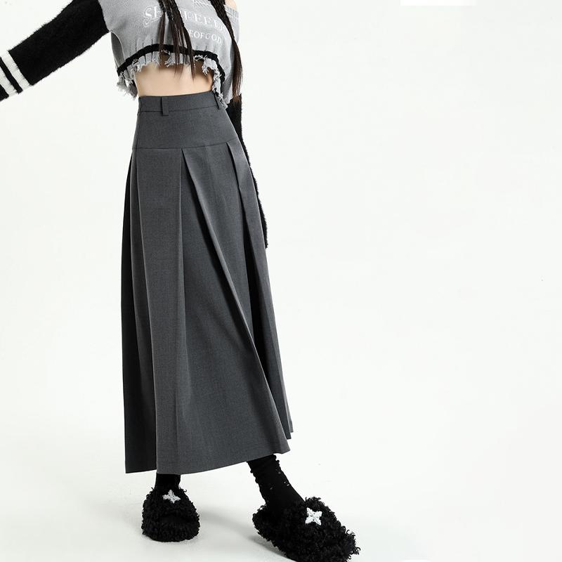 Vintage šedý oblek sukně do A Dámské jarní podzimní vysokoškolský styl s vysokým pasem skládaná střední délka sukně dámská