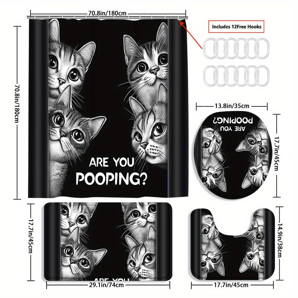 4Pcs Funny Black Cat Shower Curtain Set with Non-Slip Bath Mat, Toilet Lid Cover, Contour Rug & 12 Hooks, Bathroom Decor