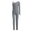 Mädchen Asymmetrischer Eiskunstlauf-Jumpsuit Hinten Unsichtbarer Reißverschluss Mesh-Patchwork Funkelnde Strasssteine Body