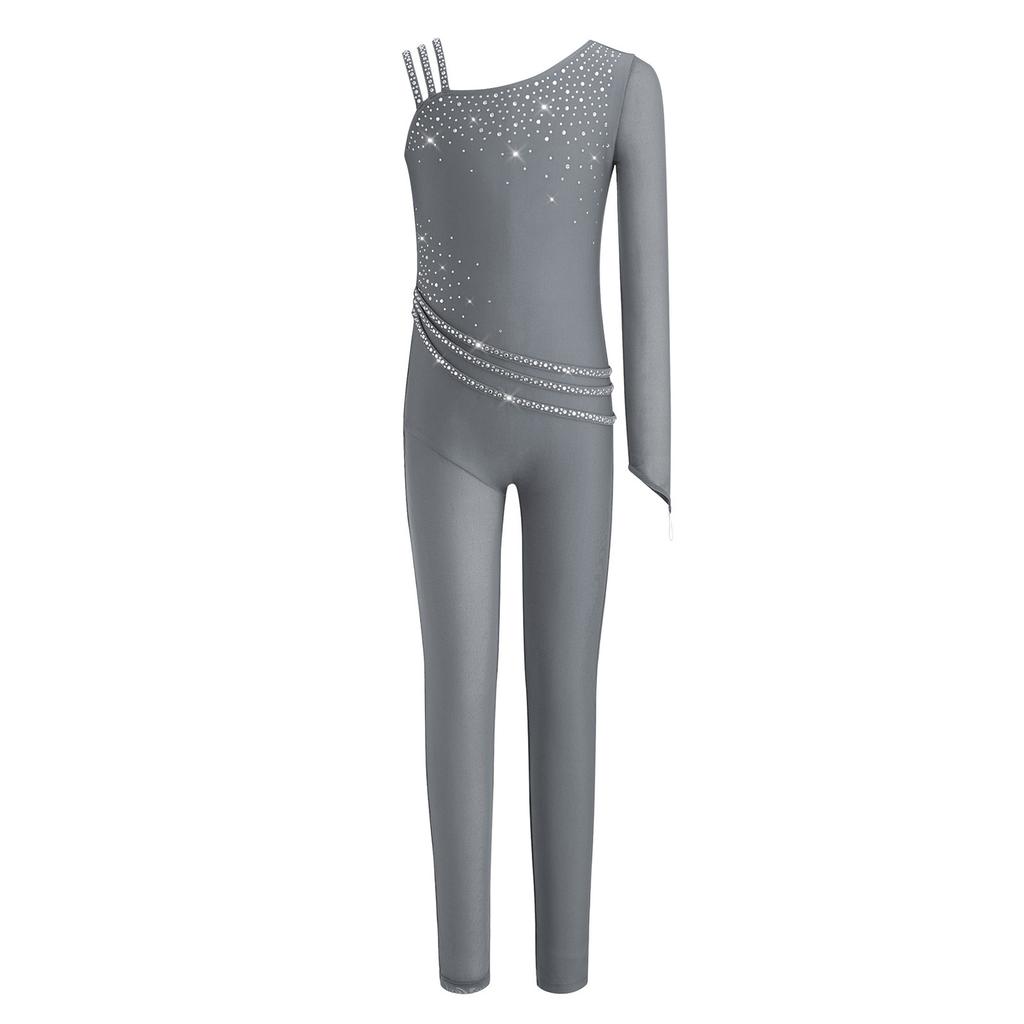 Mädchen Asymmetrischer Eiskunstlauf-Jumpsuit Hinten Unsichtbarer Reißverschluss Mesh-Patchwork Funkelnde Strasssteine Body
