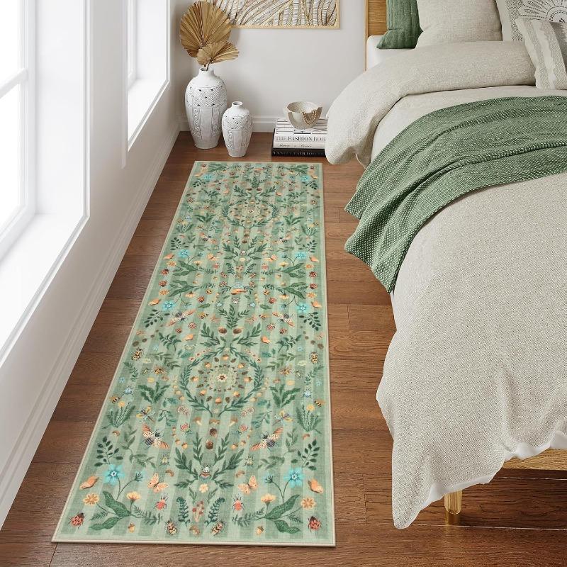 Vintage Botanical Runner Rug Intricate Floral Butterflies Bird Pattern Hallway Carpet Boho Living Room Decor Anti-slip Floormat