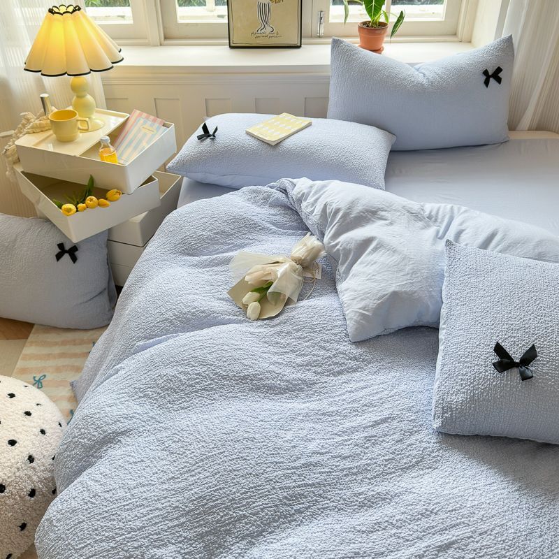 Popular Duvet Cover Set Ins Bubble Washing Bedding Set Bedsheet Solid Color Student Dormitory Bed Sheet Girls