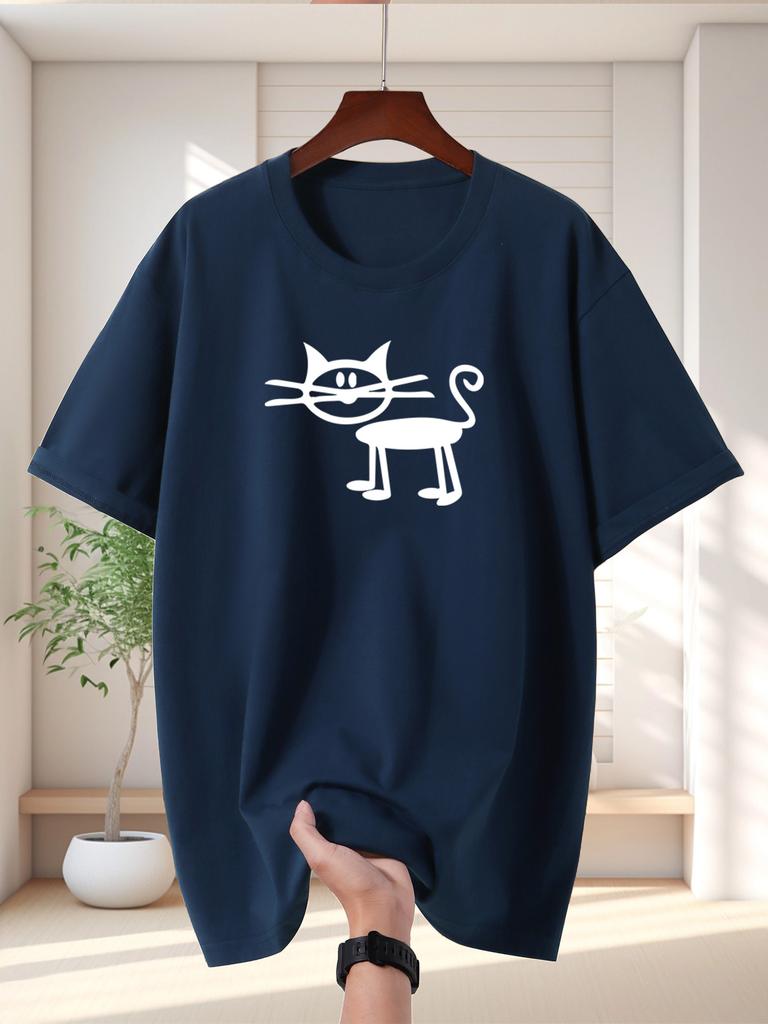 Hand Drawn Line Cat Print Unisex Short Sleeve Tshirt Simple Stick Kitty O Neck Tee Minimal Pet Fan Casual Male Street Fashion Tops
