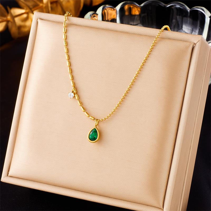 Gold Plated Stainless Steel Double Layer Square Emerald CZ Necklace for Women