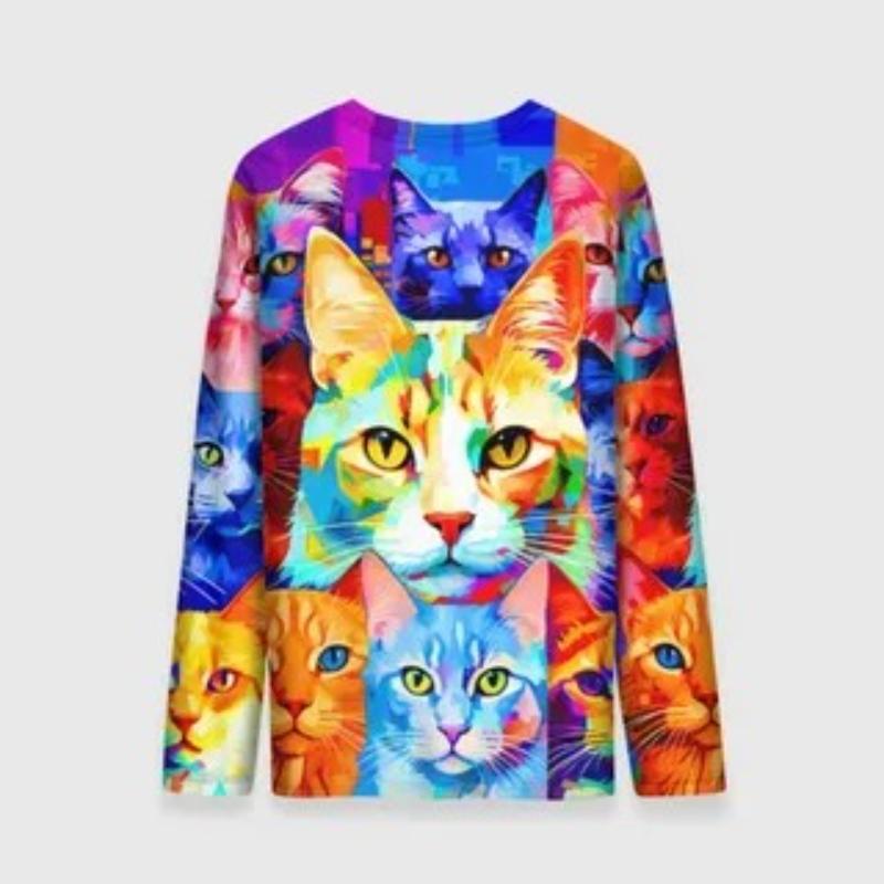 Children's Cartoon Cat Print Colorful Cute T-shirts Boys Long Sleeved Fashionable Soft Comfortable Top