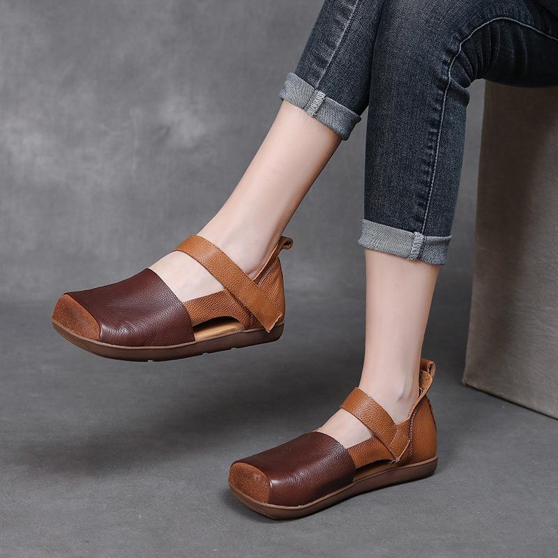 Color matching square head women's sandals new summer hollow single shoes ins trendy versatile niche flat leather shoes