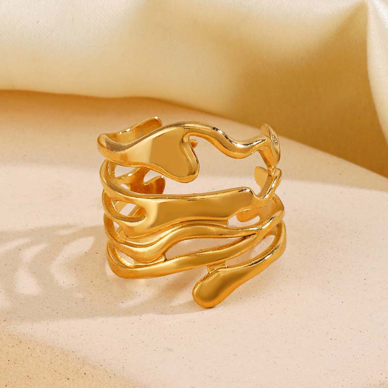 Stainless Steel Metal Wide Geometric Open Rings For Women Men Exaggerated Gold Color Irregular Texture Rings Jewelry Gift 2024