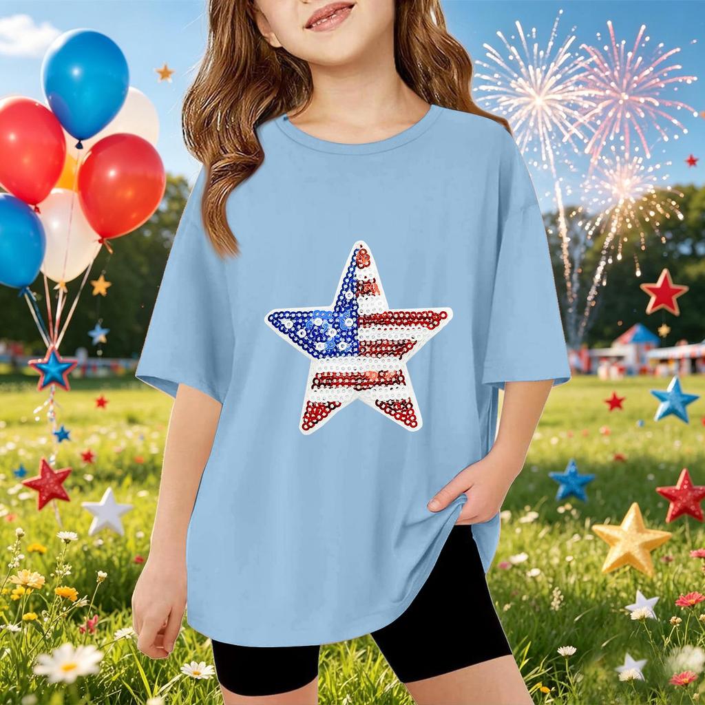 Kinder Kurzarm T-Shirt mit Sternenmuster Pailletten vorne Lässiges lockeres Oberteil für den Sommer Alltagsbekleidung