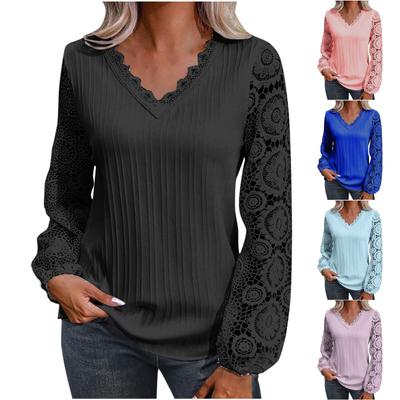 Women's Loose V-neck Lace Patchwork Long Sleeved Casual T-shirt Top