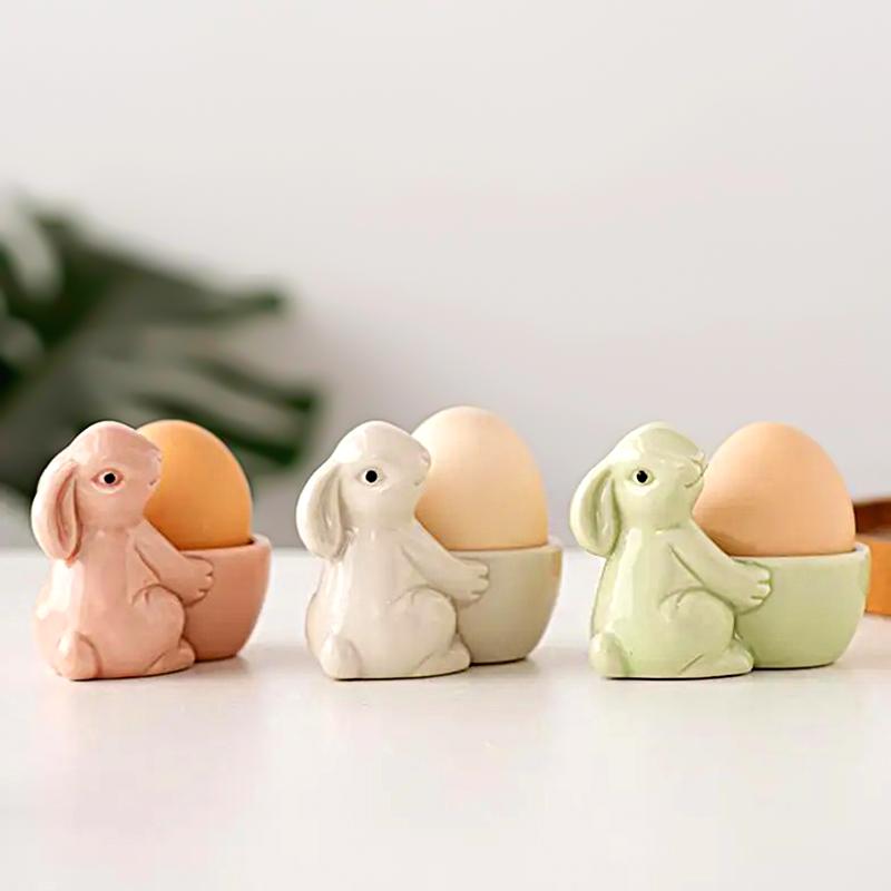 ARFUKA Portauovo In Ceramica A Forma Di Coniglio – Set Da 3 Per Uova Sode, Pasqua, Colazione - 2